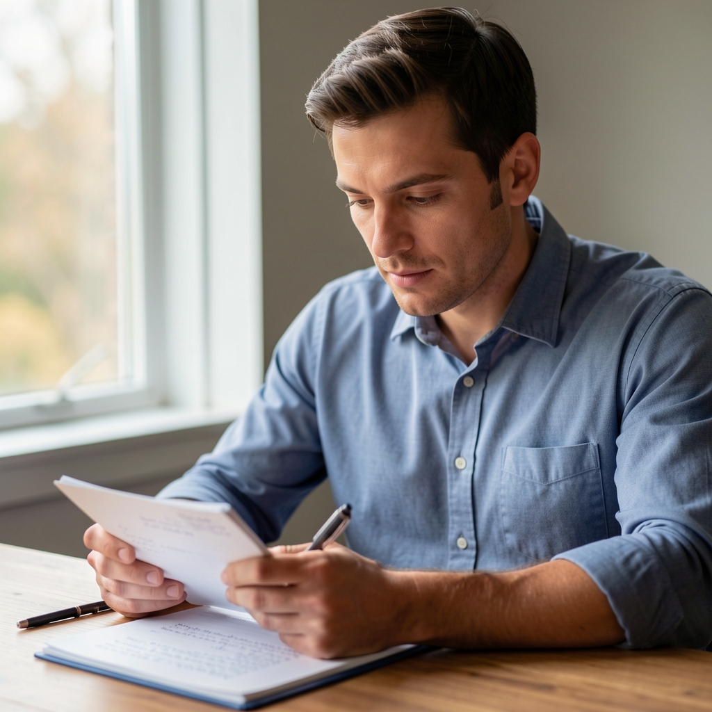 Portrait of a focused male nutrition professional reviewing handwritten intake notes at a wooden desk with natural window light