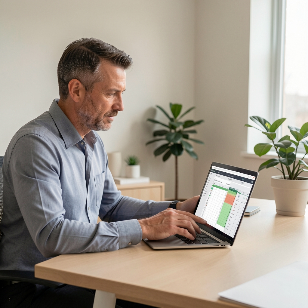 Male professional in his forties reviewing a dietary intake spreadsheet on a laptop at a minimalist New York office desk with neutral decor