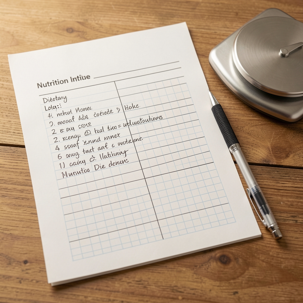 Nutrition intake form with handwritten dietary log entries on graph paper beside a mechanical pencil and small kitchen scale in a well-lit workspace
