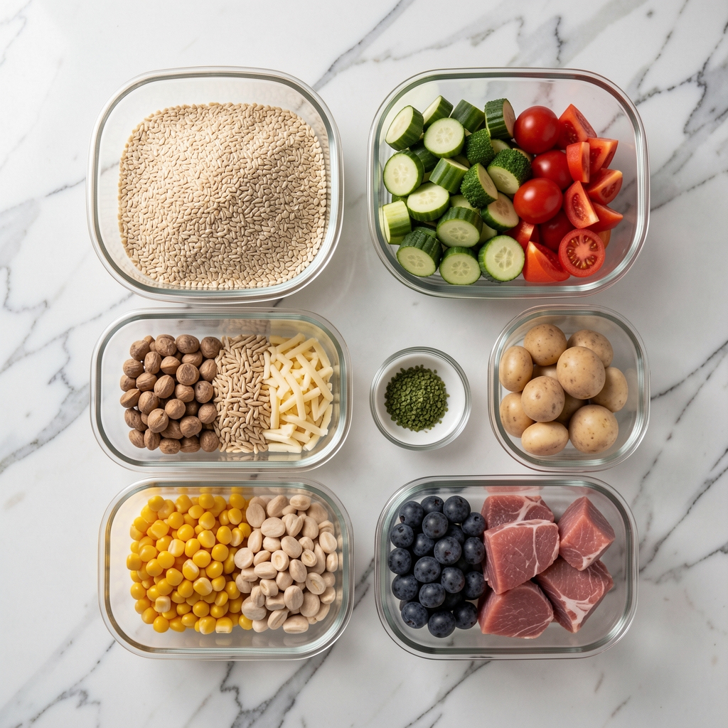 Overhead view of a weekly meal prep layout with labelled glass containers of grains, vegetables, and protein portions on a marble kitchen surface