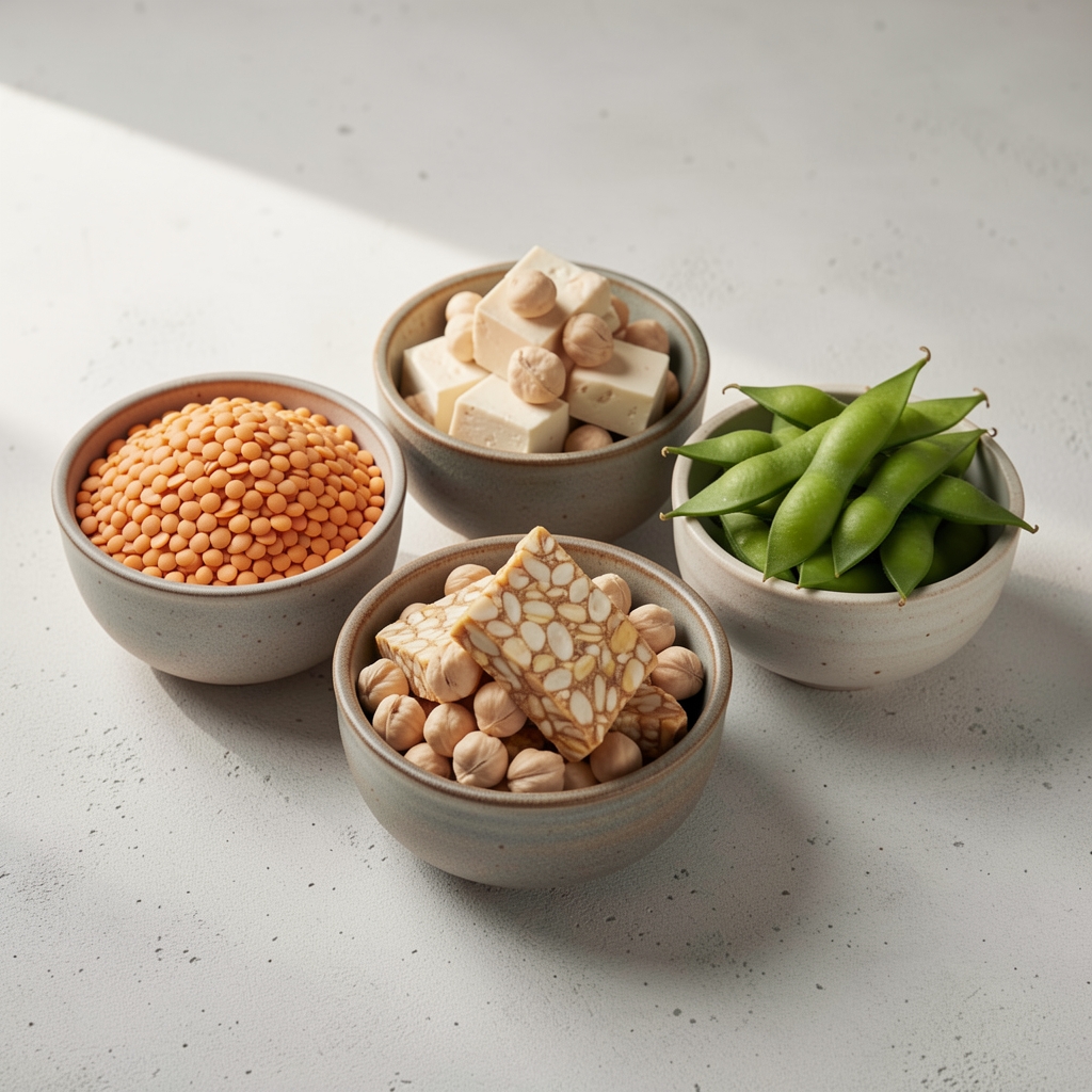 Assortment of plant-based protein sources including lentils, chickpeas, tempeh, tofu, and edamame arranged in ceramic bowls on a light concrete surface
