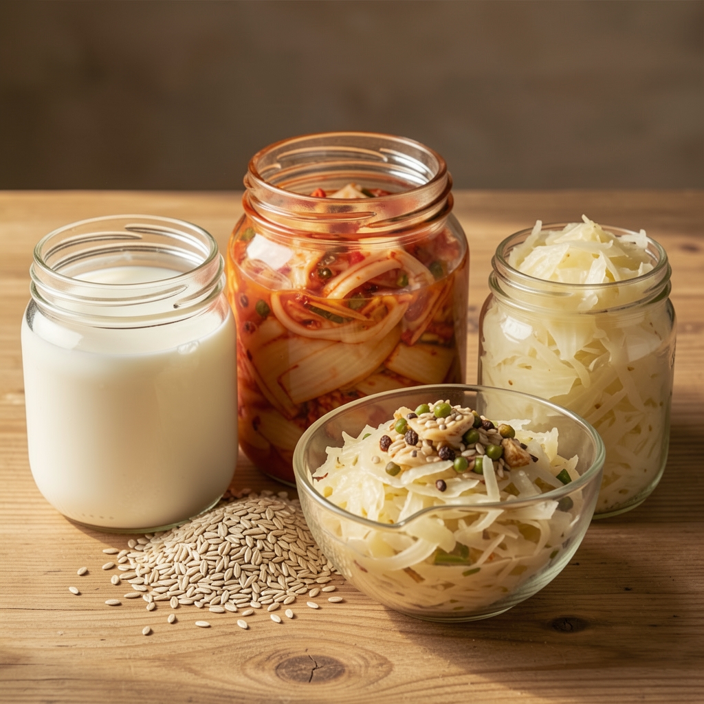 Fermented food selection including kefir, kimchi, and sauerkraut in glass jars arranged beside a bowl of mixed fibre-rich grains on a warm natural surface